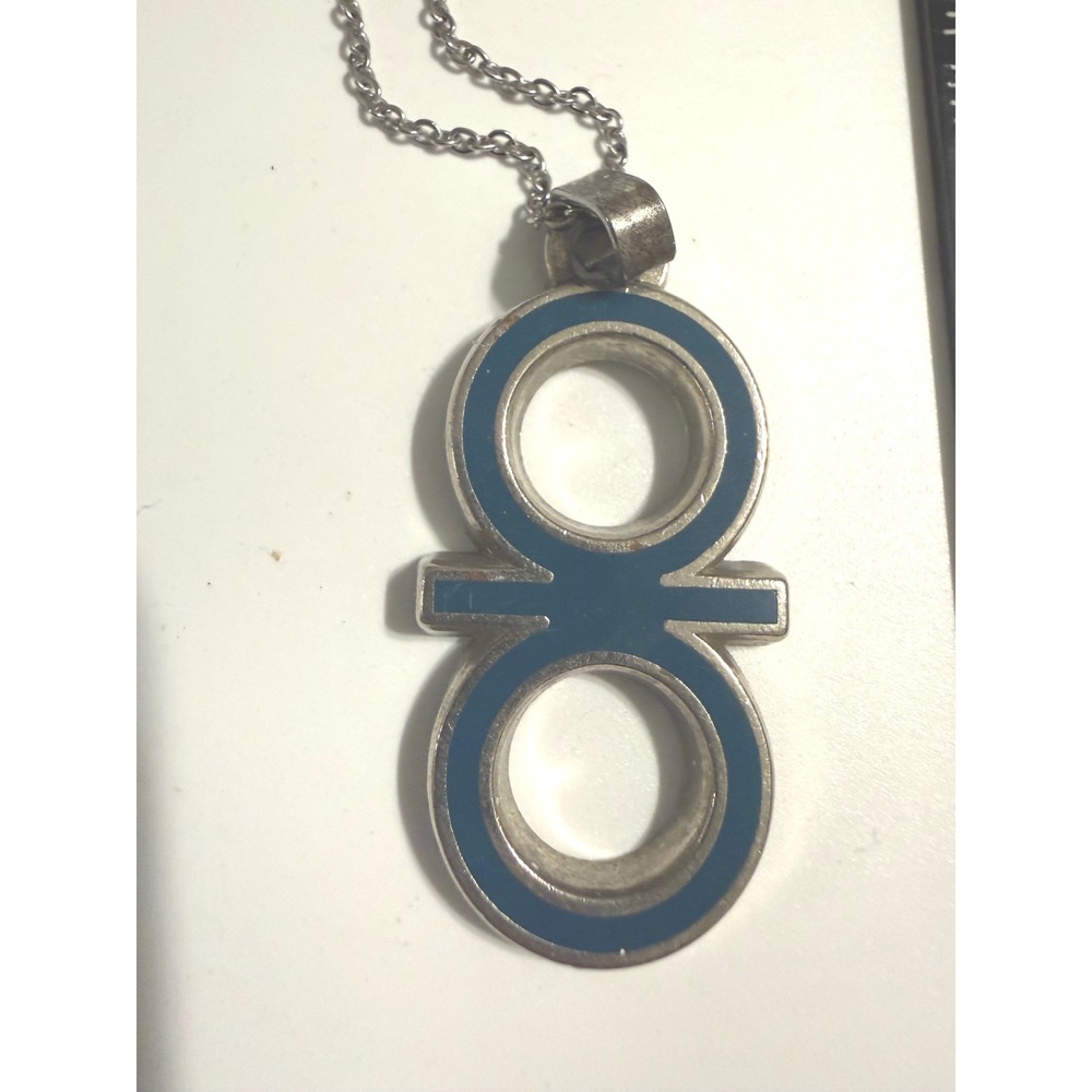 Vintage C.O.F.P.A. Enamel Pendant Necklace Silver Tone Navy Blue Geometric Logo